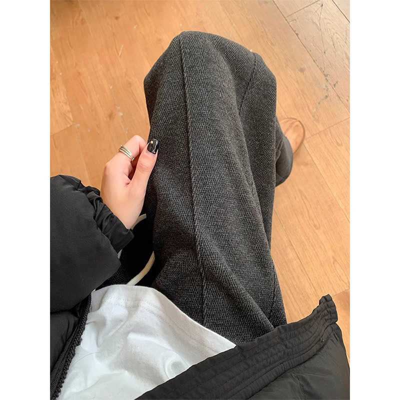 Pantalones de lana gris oscuro de piernas largas para mujeres 2024 otoño y invierno pantalones rectos gruesos de cintura alta sensación de caída casual pantalones de traje de herringbone