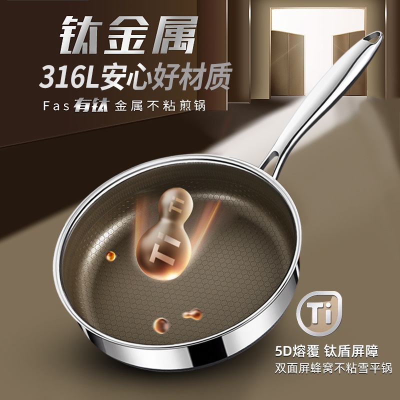 Stainless steel 316L wok flat pan with titanium honeycomb non-stick coating, suitable for home use, for frying eggs and steaks, compatible with induction and gas stoves.