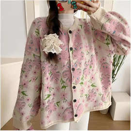 立体植绒花朵宽松毛衣现货女装新款甜美粉色软糯针织开衫外套上衣