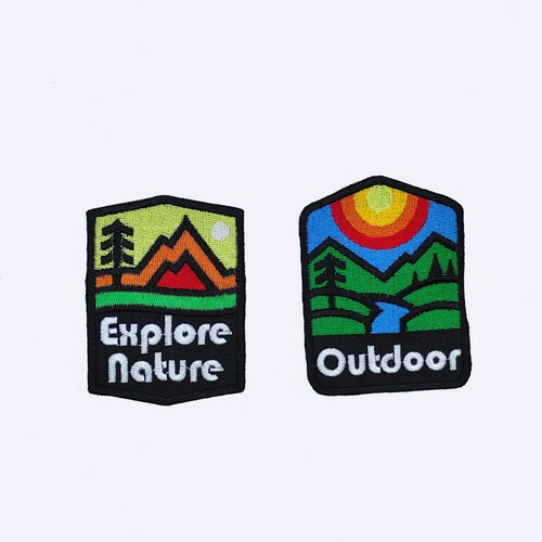 Embroidered badge wholesale, outdoor scenery mountains and rivers sunset Velcro-backed decoration, computer-embroidered patch