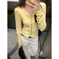 韩系简约单排扣长袖针织开衫女2025早秋新款修身显瘦薄款外搭上衣