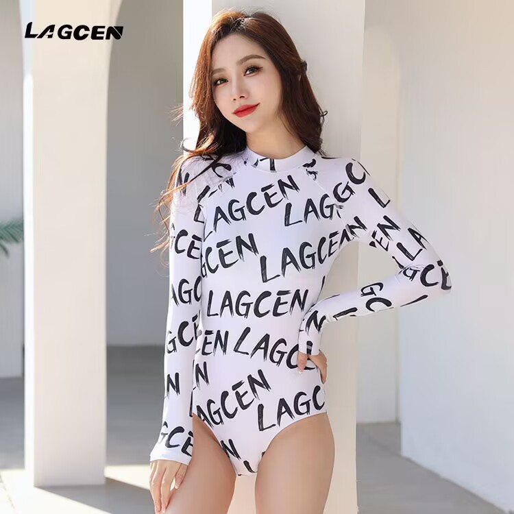 LAGCEN Lanchen One-piece Long-sleeved Swimsuit Women's Sunscreen Swimsuit Diving Surfsuit Conservative Slim-looking Seaside Vacation