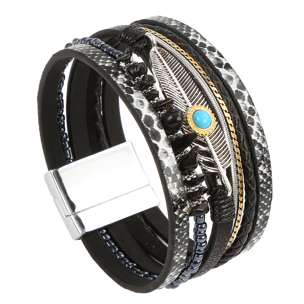 Leather Beaded Bracelet With Boho Feather And Turquoise Charm_voghion.com