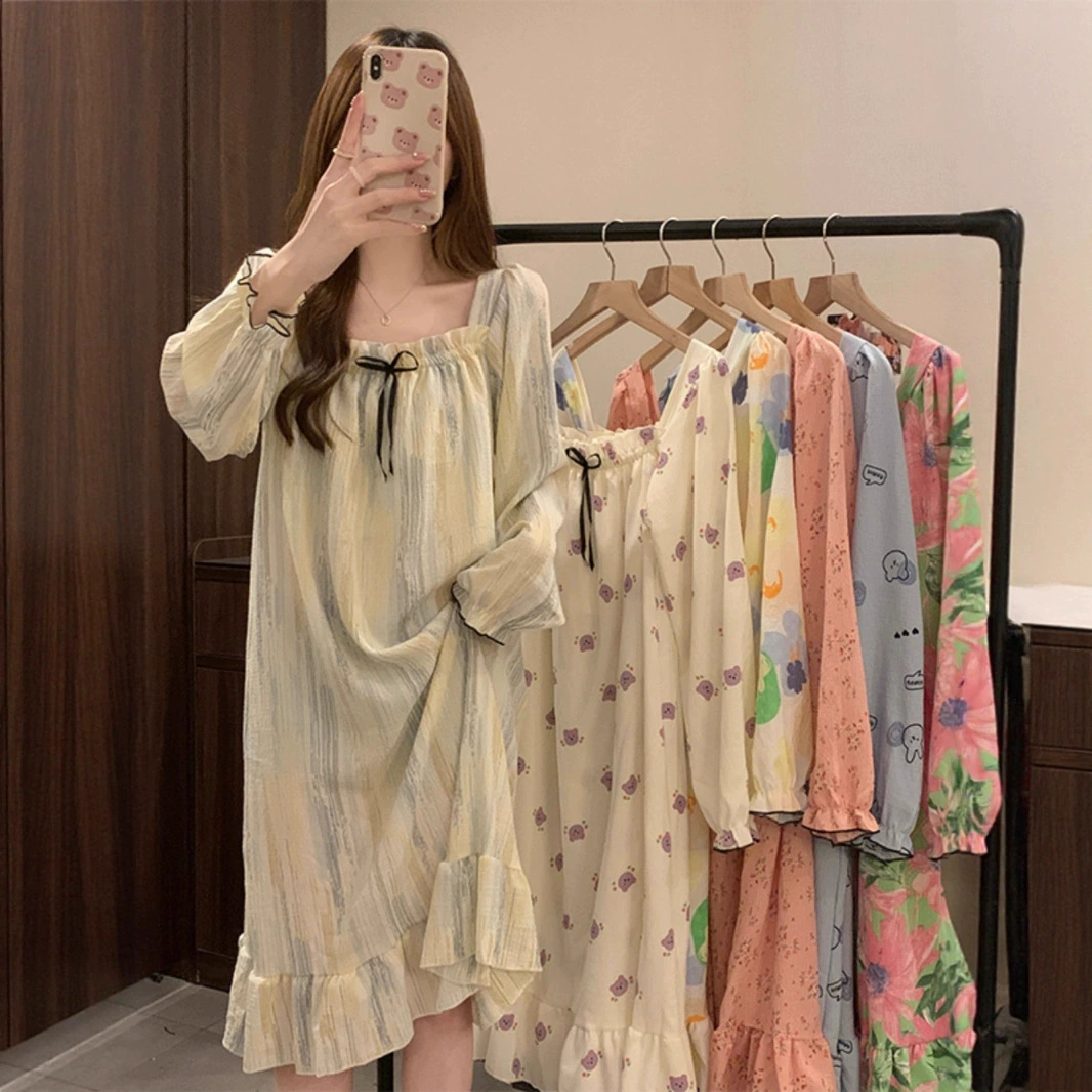 Ночная рубашка в стиле принцессы, пижамы для женщин из чистого хлопка, весенне-осенняя одежда с длинными рукавами и нагрудными подушечками, милая полосатая домашняя одежда средней длины