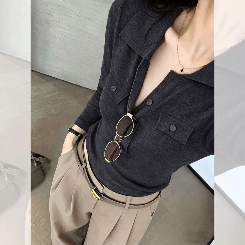 Old money style polo collar knitted long-sleeve T-shirt for women, early autumn outfit, slim fit, elegant, suitable for commuting, regular shoulder top Old money style polo collar knitted long-sleeve T-shirt for women, early autumn outfit, slim fit, elegant, suitable for commuting, regular shoulder top