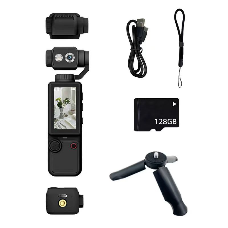 Cámara de movimiento de mano Q8 negra con soporte + tarjeta de memoria 128G + cable de datos