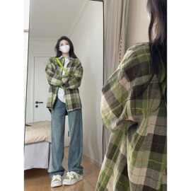国潮牌蓝色格子长袖衬衫女春秋宽松oversize原宿风休闲百搭衬衣女