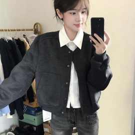 新款设计高级灰色美式复古春季外套短款棒球服宽松休闲夹克上衣