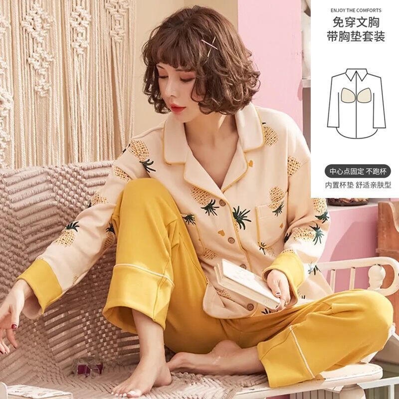 Pijama con cojín de pecho para mujeres primavera y otoño mangas largas 2023 nuevo conjunto de ropa de casa de otoño para mujeres