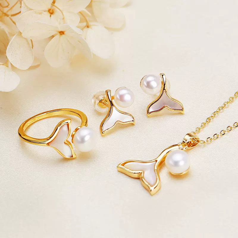 珍珠饰品批发海贝鱼尾吊坠戒指耳钉项链淡水珍珠套装三件套首饰