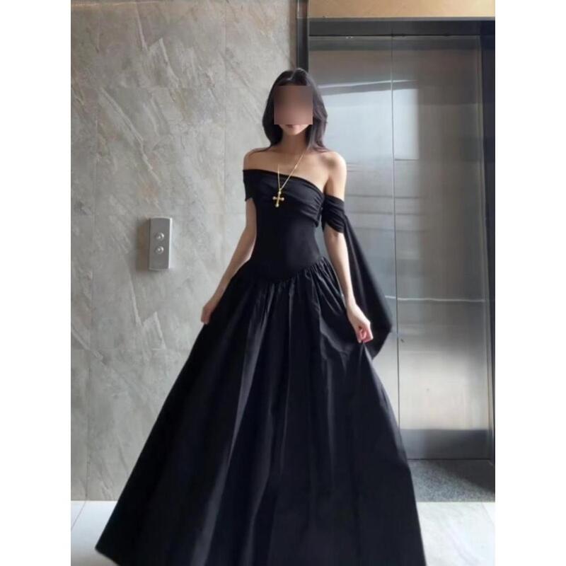 French Hepburn Style Women's Summer Tall and Slim Long Skirt to Ankle Super Long Black One-Shoulder Dress