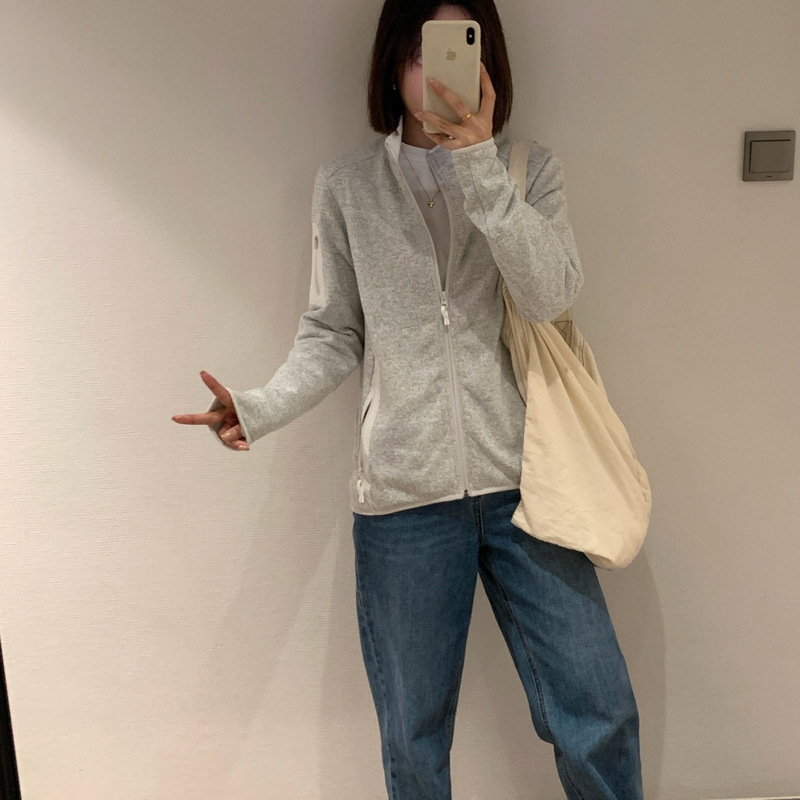 0818x2~户外休闲运动百搭保暖压胶口袋印花立领抓绒外套男女同款|undefined