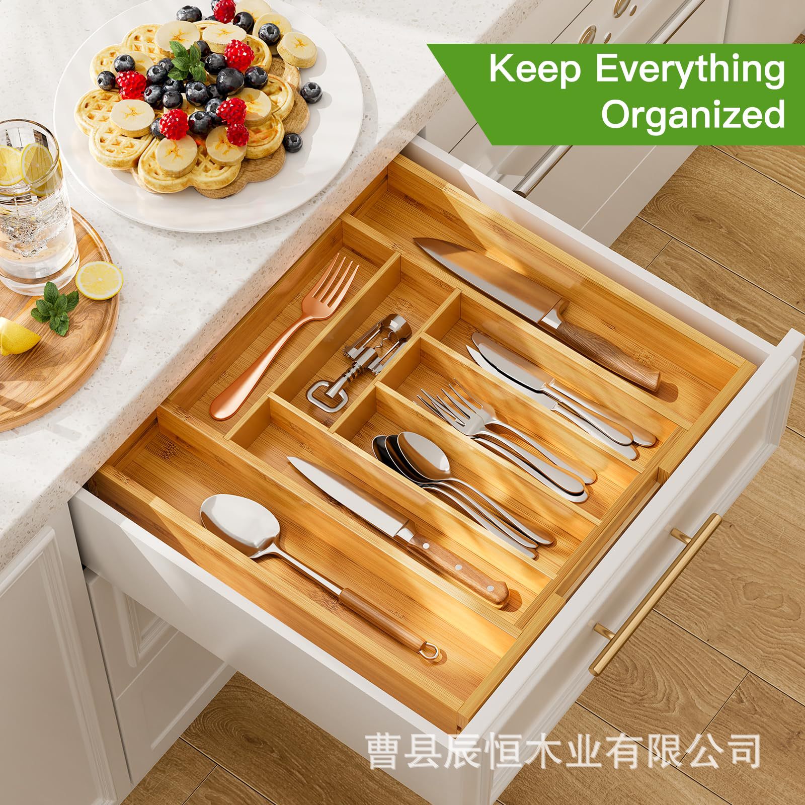 Caja de almacenamiento de cuchillos de bambú Caja de acabado dividida de cuchillo y tenedor retráctil de cocina Caja de almacenamiento de vajilla tipo cajón de cocina