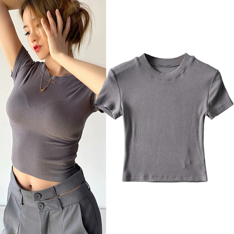 European and American 2023 Summer 8 Color Small Round Neck Tight High Waist Navel Open Short-sleeved T-shirt Women's Short Slimming Sports Top Trendy European and American 2023 Summer 8 Color Small Round Neck Tight High Waist Navel Open Short-sleeved T-shirt Women's Short Slimming Sports Top Trendy