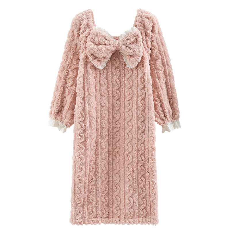 (2개) 가을과 겨울 산호 플리스 나이트드레스 여성용 긴팔 무릎 위 따뜻한 플러스 벨벳 두꺼운 플란넬 무릎 위 대형 사이즈 홈 의류