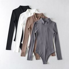 European and American style slimming zip-up stand-up collar long-sleeved one-piece women's base shirt spring and autumn season solid color one-piece T-shirt