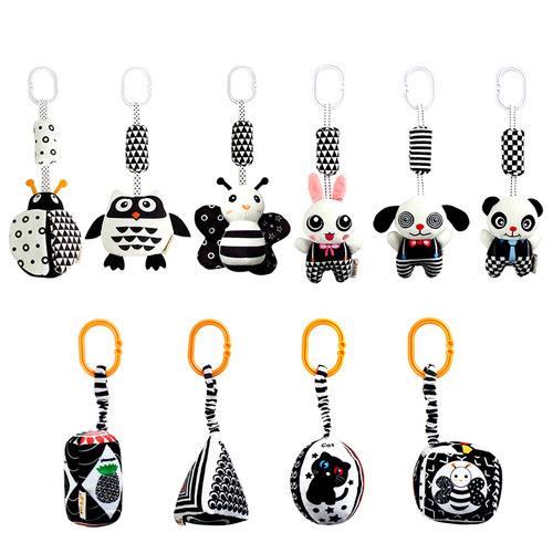 Baby Black and White Cute Animal Bed Wind Chime, Baby Toy Plush Bed Hanging Cart Hanging Toy Safe for Mouth