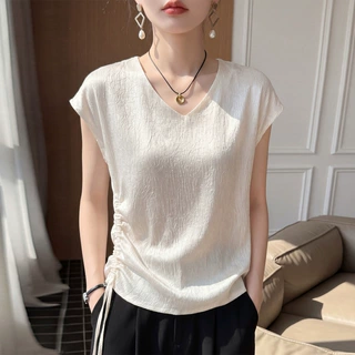 跨境批发妈妈气质V领短袖T恤女夏季宽松洋气小衫不规则显瘦上衣潮