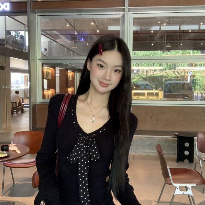 法式复古波点拼接蝴蝶结长袖T恤女春秋新款修身显瘦减龄百搭上衣|undefined