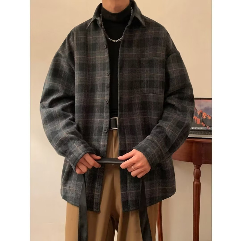 日系复古长袖衬衫男春秋季2025新款潮牌胖子宽松男生格子衬衣外套