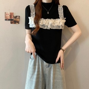 2025 Sweet Summer New French Lace Splicing Fake Two-Piece Short-Sleeved Half Turtleneck Top Knitwear