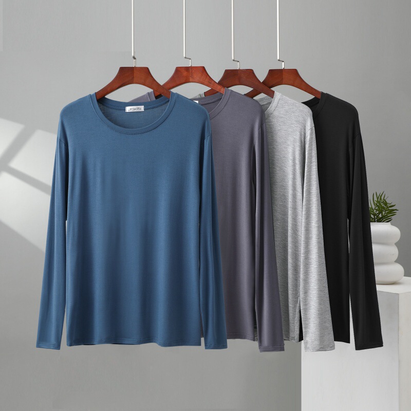 Men's Modal Long-Sleeve T-Shirt, Spring and Autumn Thin Style, Round Neck Base Layer, Simple Inner Wear, Plus Size Slimming Sleepwear, Autumn Top