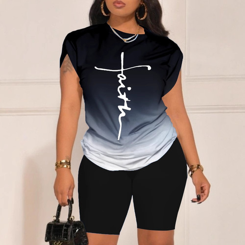 Best-selling Y016 cross-border women's clothing—European and American style, Amazon-printed, gradient-color set: top + shorts with batwing sleeves.