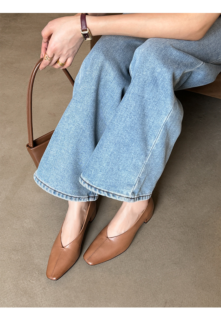 Giày nữ da bò gót vuông cổ V mũi nhọn, phong cách bà nội (granny shoes) đế thấp, đi làm hằng ngày — màu nâu chi tiết 6