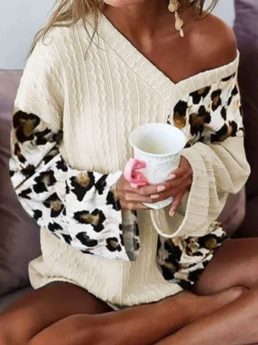 Beige long-sleeve, fashionable sweater, V-neckline, European style