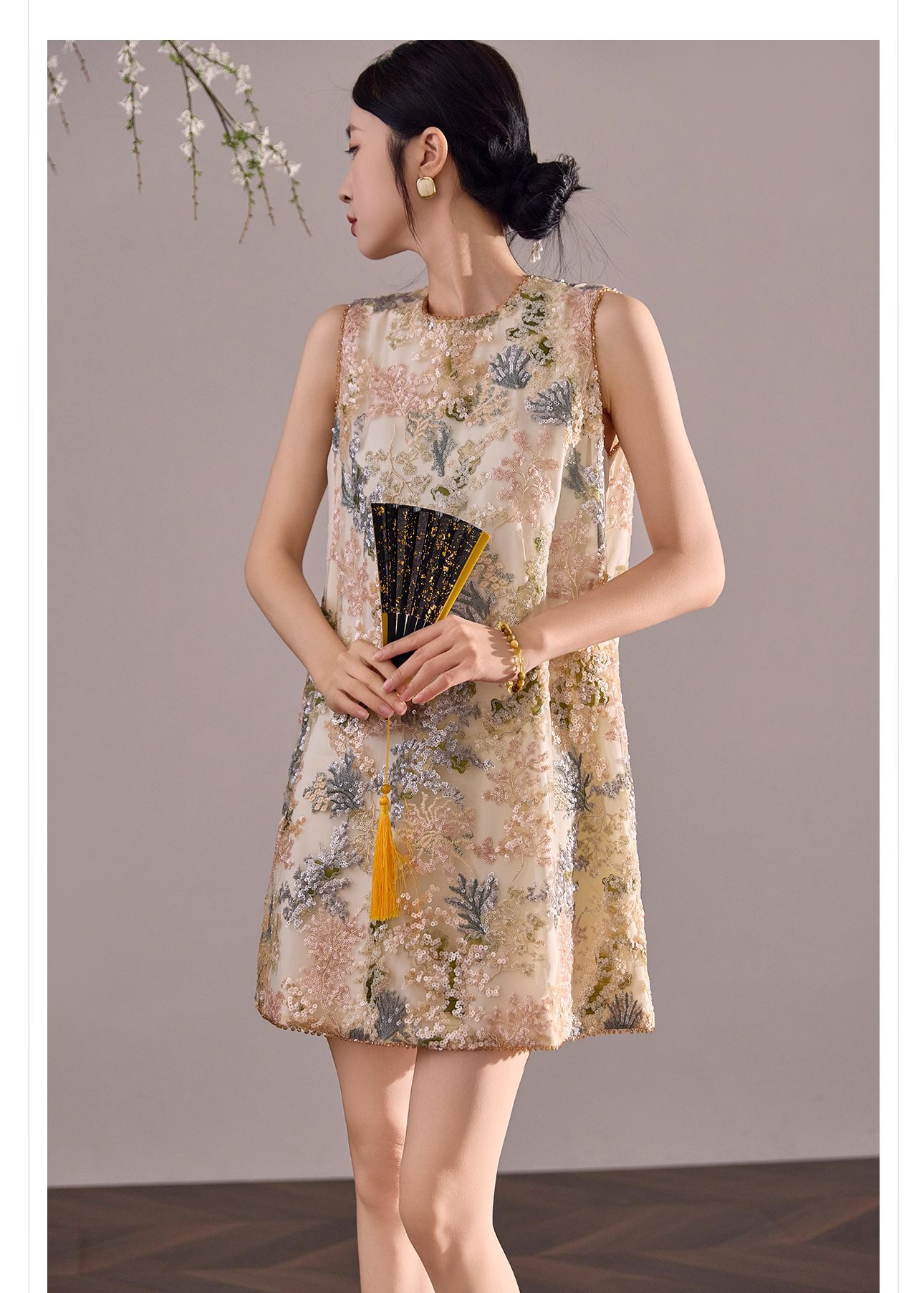 Đầm suông nữ midi tân cổ điển không tay, thêu đính cườm sequin, form chữ A — màu mơ chi tiết 11