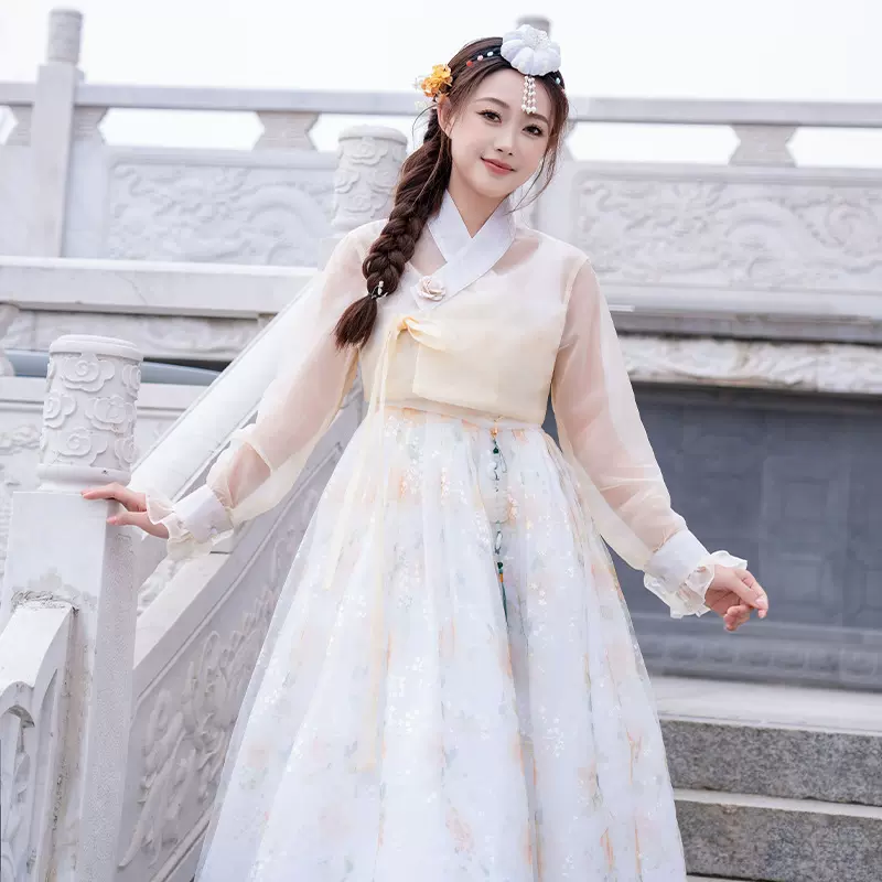 延吉旅拍2025新款高端韩服纱裙女朝鲜服宫廷礼服优雅长裙红色清透