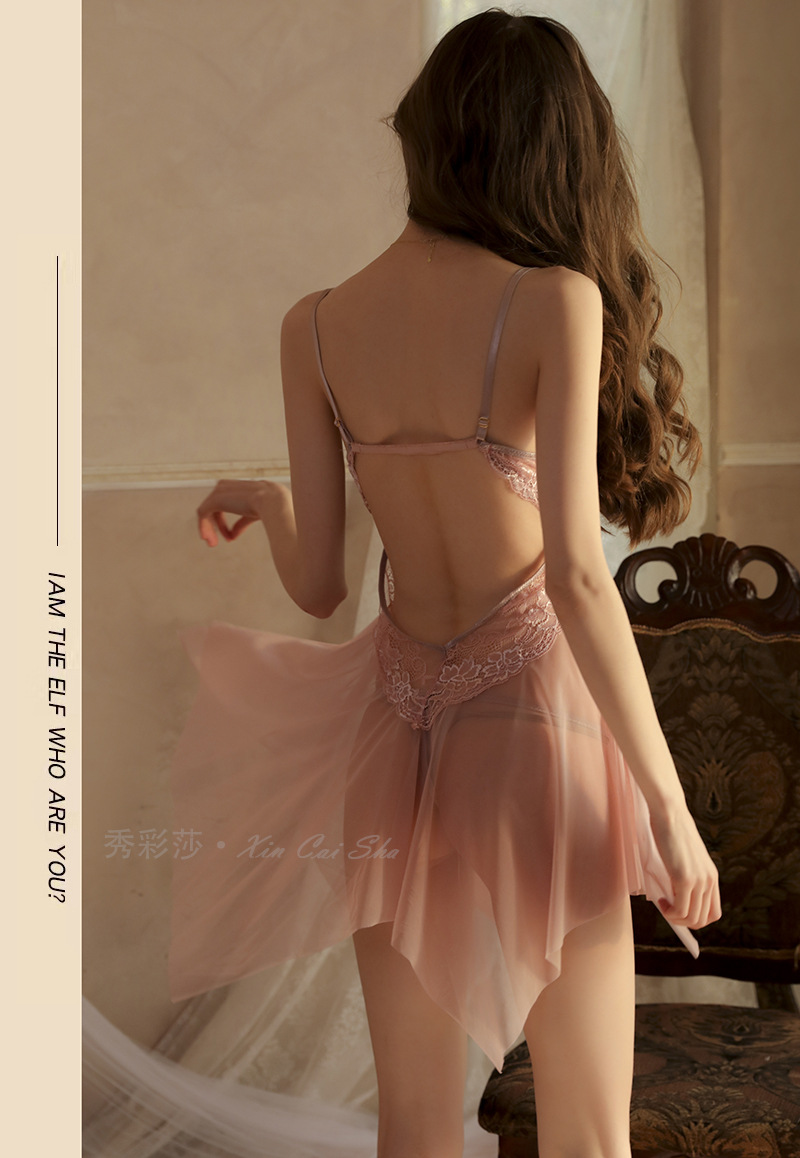 Lace Sheer Babydoll Nightdress with Steel Front Bracket and Split, Pink with Thong — detail image 24