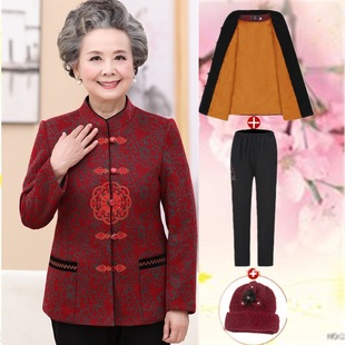 Middle-aged and elderly women's spring clothing mother's embroidered woolen coat 60-70-80-year-old grandmother's Tang suit suit