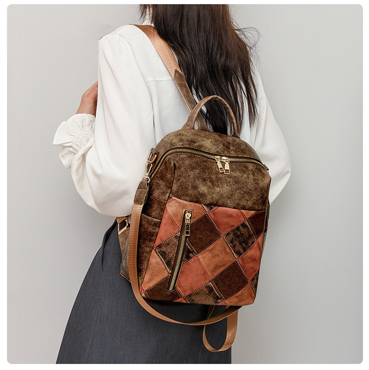 Women's Retro Backpack Pu Leather Diamond Grid Travel Rucksack_voghion.com