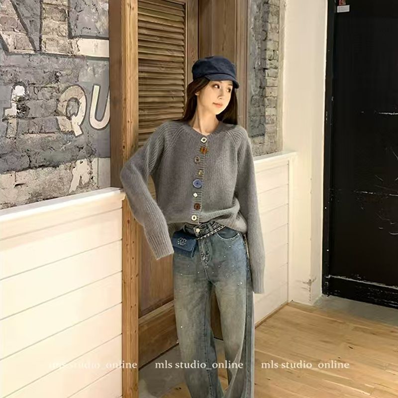 韩系宽松不规则设计彩扣毛衣2025秋冬新款甜美外穿白色针织上衣女|undefined
