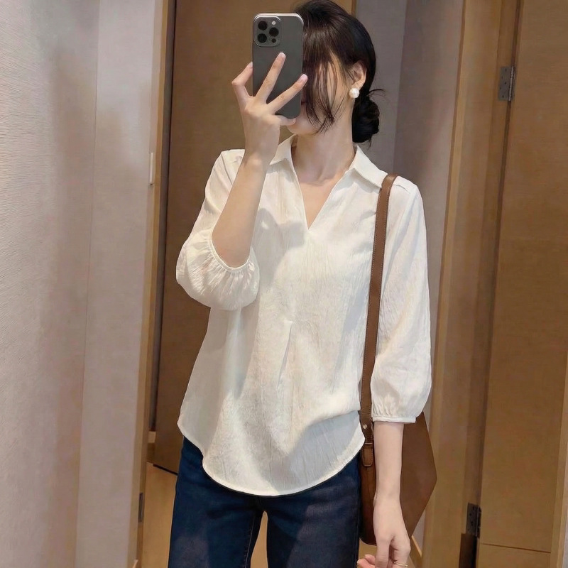 Áo sơ mi nữ tay ngắn cổ V phom rộng thiết kế đơn giản — màu đen chi tiết 2