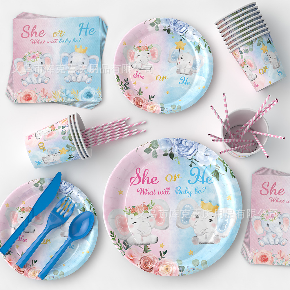 Amazon bebé género revelar partido decoración suministros niño niña plato de papel desechable taza de papel vajilla traje