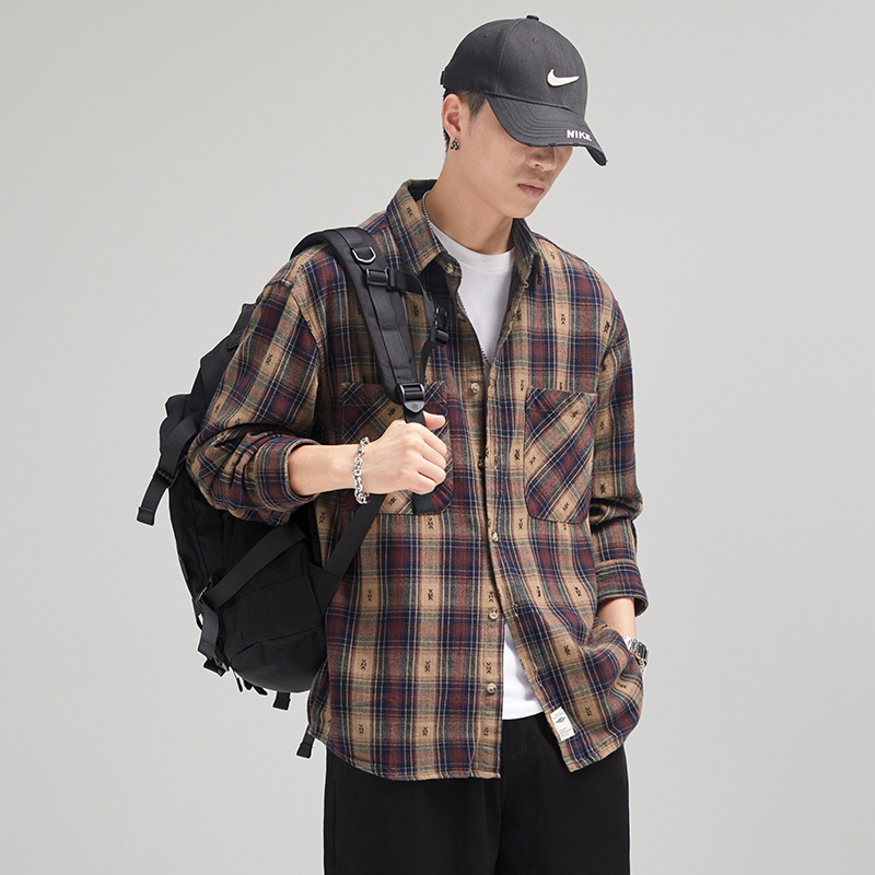 2022 Japanese Style Retro Men's Loose Shirt Autumn and Winter Style Plaid Casual American Style Teenager Work Clothes Shirt Outer Wear 2022 Japanese Style Retro Men's Loose Shirt Autumn and Winter Style Plaid Casual American Style Teenager Work Clothes Shirt Outer Wear