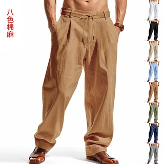 跨境新款男士休闲裤亚麻宽松透气简约直筒裤户外运动百搭运动裤男