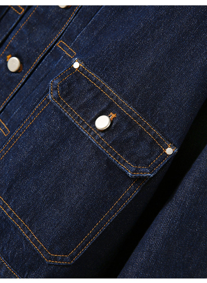 Áo khoác denim nữ cổ tròn tay dài màu xanh đậm phong cách vintage tôn dáng — Màu xanh đậm chi tiết 11