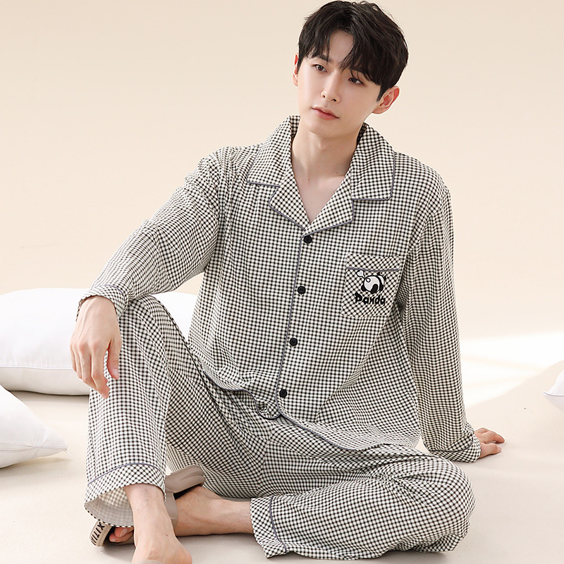 2026 Spring and Autumn New Long-Sleeve Long-Pants Stretch Pure Cotton Cardigan Comfortable Men's Pajama Plaid Set Loungewear
