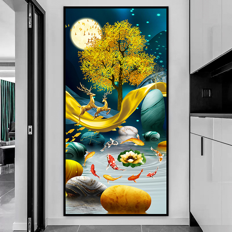 Pintura de entrada de pintura tradicional china Pintura de decoración del pasillo frente a la puerta Pasillo de nueve peces Pintura colgante de fondo de lujo ligero Pintura mural