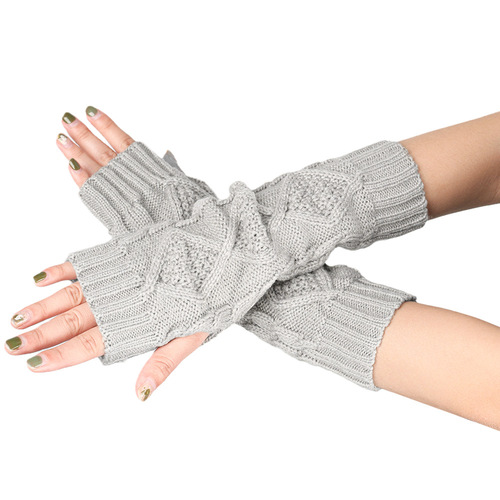 Cross-border rhombus knitted wool gloves winter warm retro all-match half-finger wristband extended fingerless arm cover
