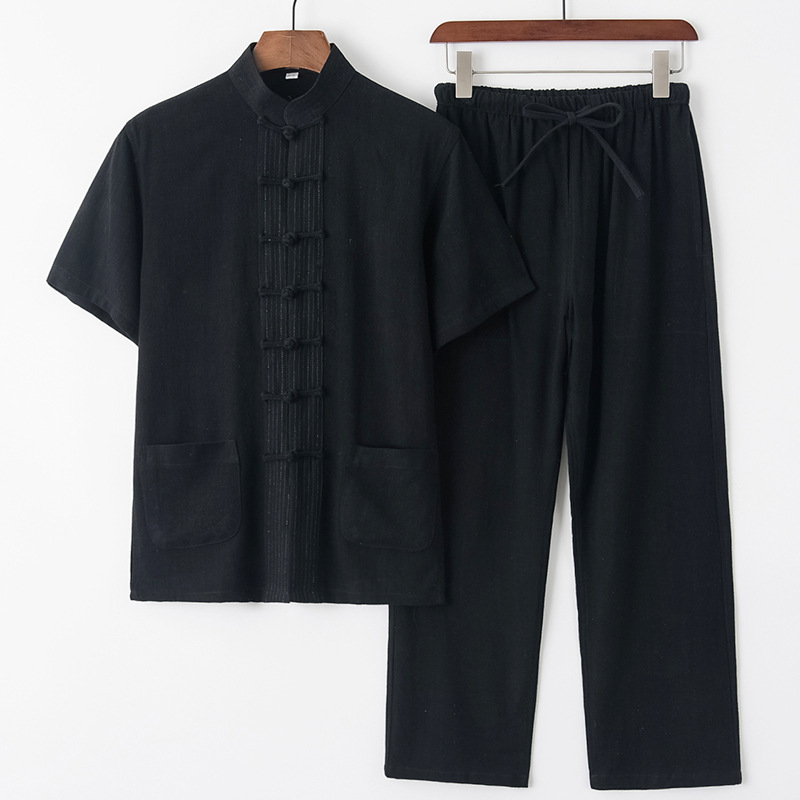Men's Summer Tang Suit Thin Breathable Linen Short Sleeve Set Casual Dad Attire Style Retro With Frog Buttons_viptrois.com