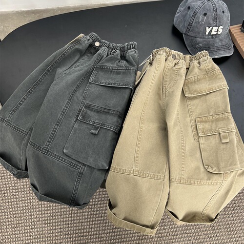 2024 Spring American Style Children's Multi-Pocket Distressed Work Pants for Boys and Girls Retro Straight Leg Skate Pants Trendy