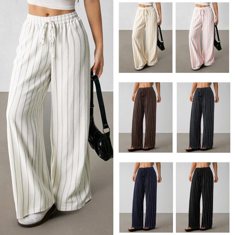 Amazon's New Cross-Border European and American Foreign Trade Casual Loose Trendy Brand Striped Drawstring Elastic Waist Color-Block Wide-Leg Pants