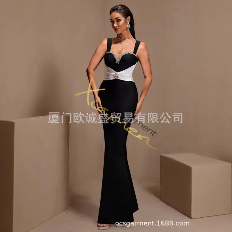 Bandage Dress New European and American Style Wide Strap Fishtail Low-Cut Black and White Patchwork Bandage Dress