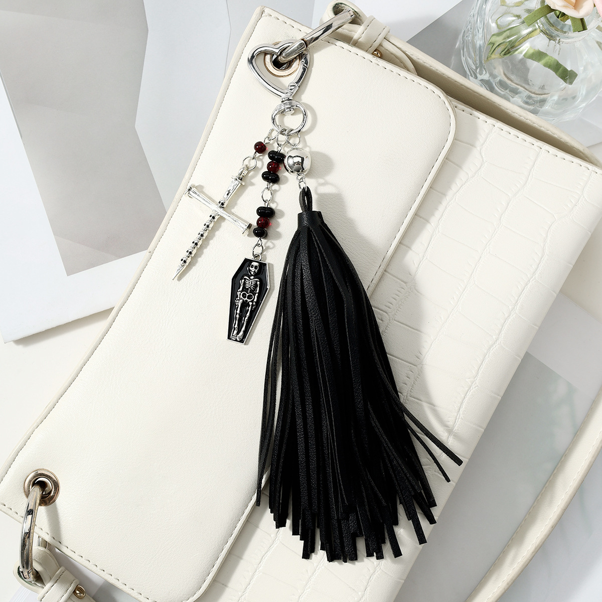 y2k punk oscuro viento multicolor cuero bordilla ataúd esqueleto cruz cuentas DIY llavero bolso colgante