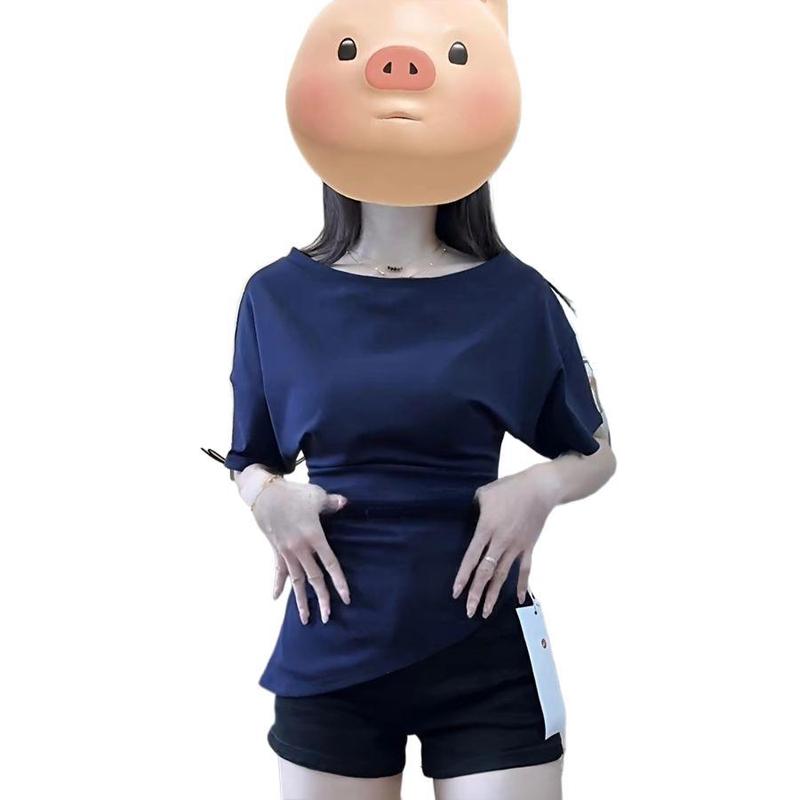 コーマ綿斜め肩ワンショルダー半袖Tシャツ夏新作スリム不規則スリムデザインホットガールレイジートップ|undefined