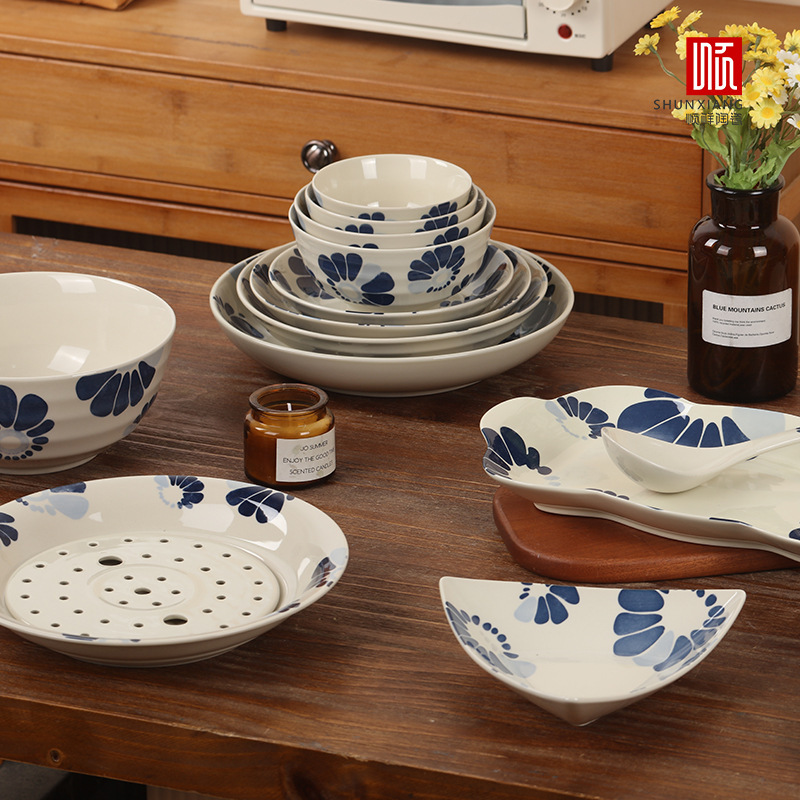 Shunxiang [Blue Ceramic Tableware] Ceramic Tableware Bowl and Plate Set for Home Use, Underglaze Color, Japanese Style Large Bowl, Soup Bowl, Bowl and Plate Set